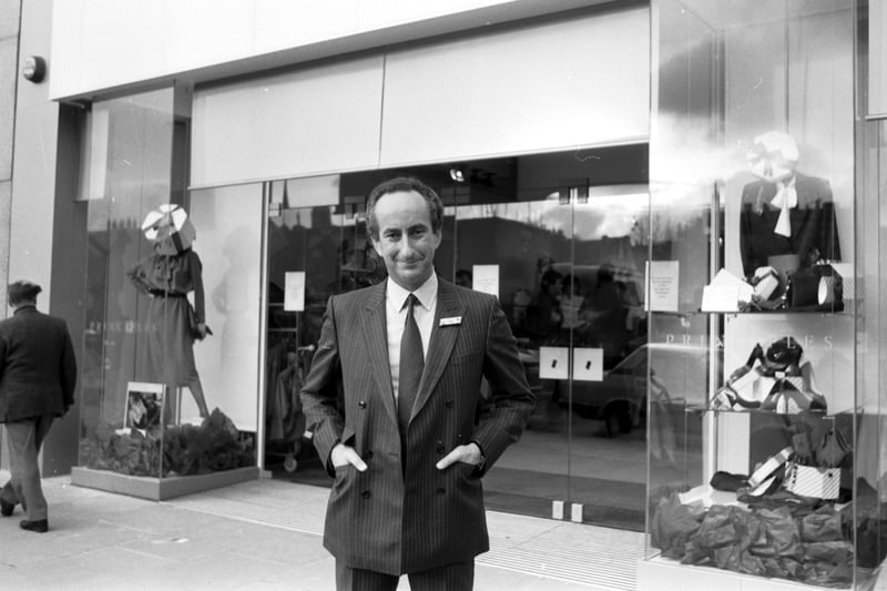 Ralph Halpern, chairman of the Burton group, outside the Principles store in Princes Street Edinburgh, December 1984.
