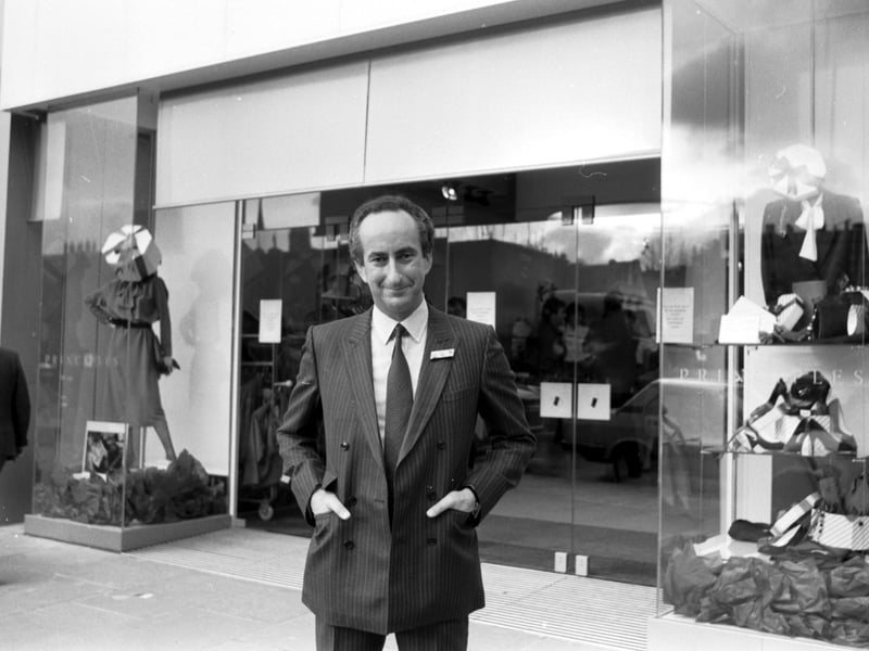 Ralph Halpern, chairman of the Burton group, outside the Principles store in Princes Street Edinburgh, December 1984.
