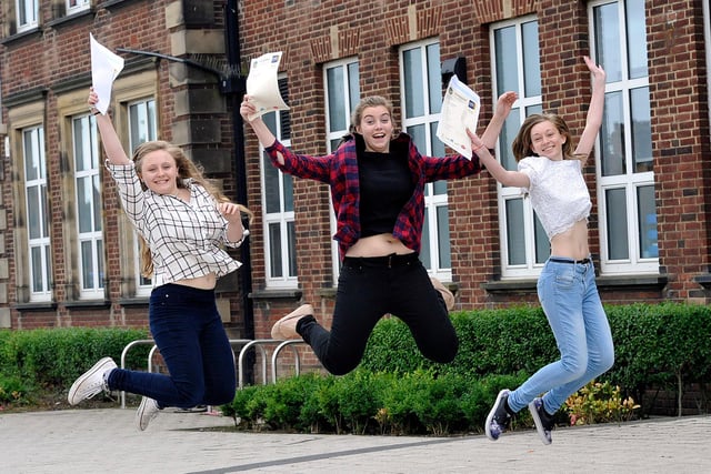 Celebrating their GCSE results in 2015 are Hope Swan, Sophie Weightman and Bethany Train.