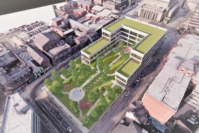 This is how the old John Lewis site in Sheffield city centre could look if it is redeveloped using Luke Ball's design idea for a retrofit and park