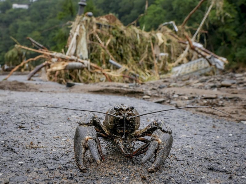 A crab walks on a road after flooding went back in Schuld, Germany, Friday, July 16, 2021.