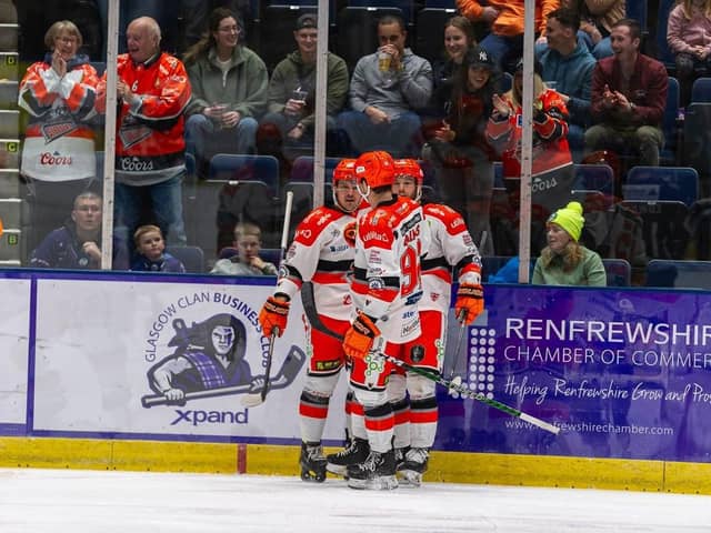 Marco Vallerand congratulated after scoring at Glasgow Clan