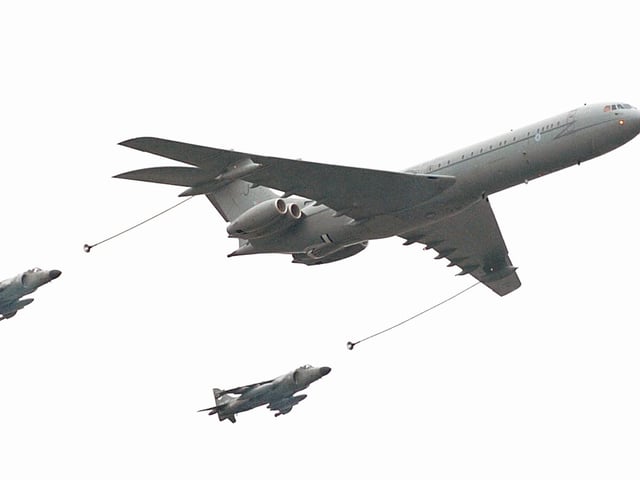 Display of how refuelling takes place in mid-air - with (right) a VC-10 and two Sea Harrier FA-2's. Picture: Malcolm Wells 053125-135