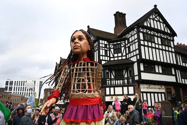 Little Amal, the 3.5 metre-tall puppet representing a migrant Syrian girl, is due to arrive in Sheffield today, Friday, October 29 (Photo by Shaun Botterill/Getty Images)