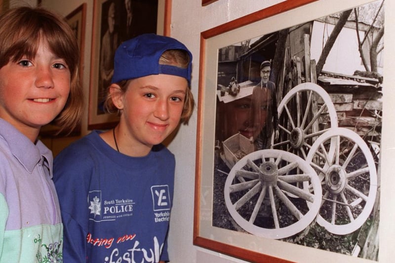 Nicola McIntrye, 13, and Sarah Mellor, 11, enjoying the Royal Society Print Exhibition at Doncaster Museum and Art Gallery in 1996