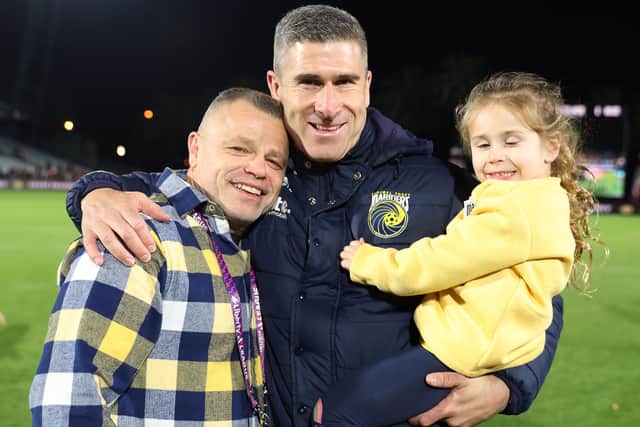 Former Sheffield United midfielder Nick Montgomery, coach of the Central Coast Mariners, with his daughter and Mainers' owner Richard Peil: Scott Gardiner/Getty Images