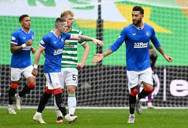 Rangers' Connor Goldson (right) makes  it 2-0 during a Scottish Premiership match between Celtic and Rangers at Celtic Park, on October 17, 2020, in Glasgow, Scotland. (Photo by Rob Casey / SNS Group)