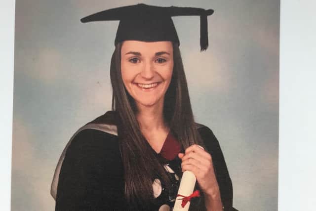 Becca Kelly at her graduation from Sheffield Hallam University, where she received a first class honours in primary school teaching.