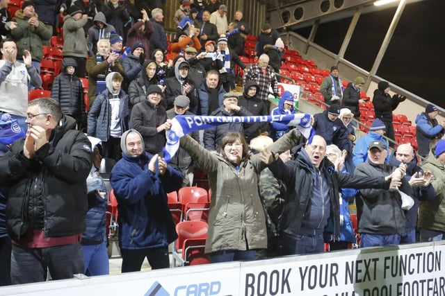 Pompey fans celebrate FA Cup success at Fleetwood. 2,145 made the trip to the Highbury Stadium.