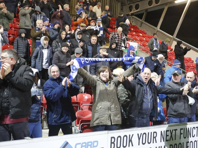 Pompey fans celebrate FA Cup success at Fleetwood. 2,145 made the trip to the Highbury Stadium.