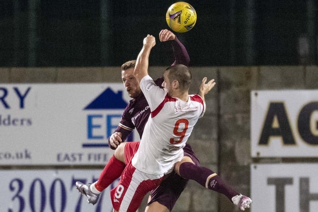East Fife players appeal for a penalty after a collision in the box.  (Photo by Ross Parker / SNS Group)