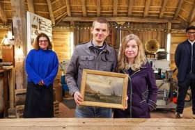 Sheffield couple James and Jenny Halse on The Repair Shop with Jay Blades and Lucia Scalisi, who restored their cherished oil painting which reminds them of their baby boy, Elijah (pic: BBC/Ricochet)