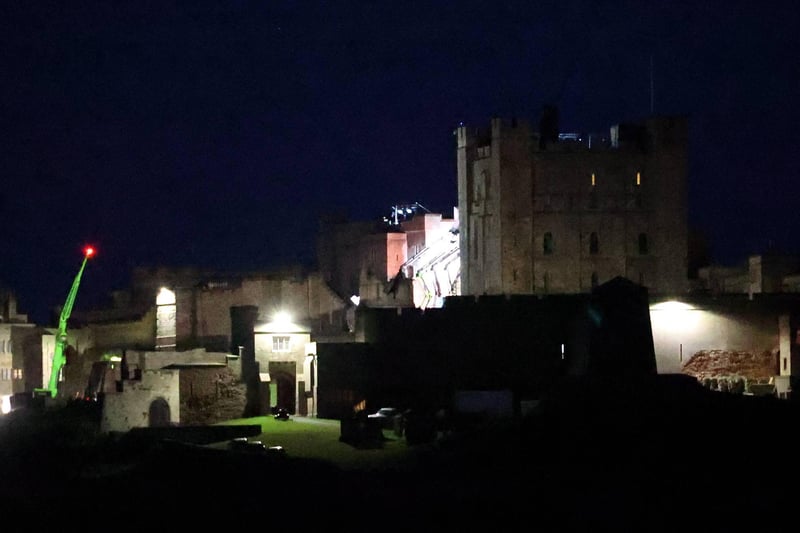 Bamburgh Castle lit up for filming.
