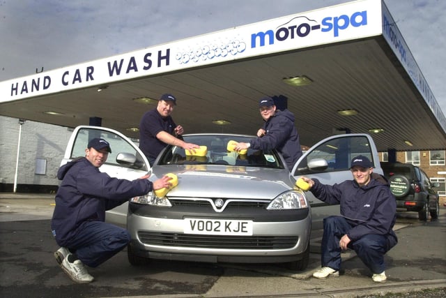 The new Moto-Spa hand car wash on Bramall Lane, Sheffield. Left to right, site manager Steve Bird, superviser James Skill and valeters Philip Wilson and Jordan Askwith in 2002.