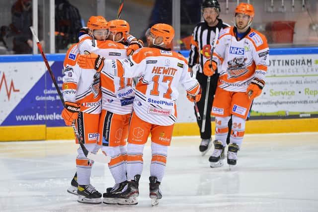 Sheffield Steelers' Liam Kirk congratulated after scoring against Coventry Blaze. Pic Dean Woolley