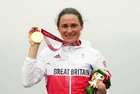 Gold medalist Sarah Storey poses on the podium at the medal ceremony for the Cycling Road Women's C5 Time Trial. (Photo by Toru Hanai/Getty Images)
