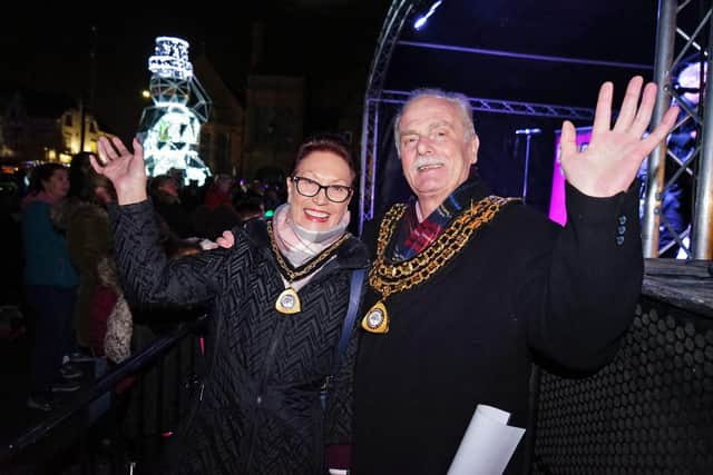 Coun David Walters, Ashfield District Council chairman, and his wife, officially switched on the lights