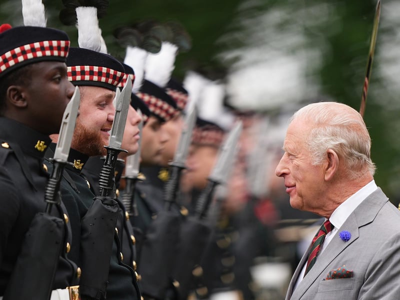 King Charles III inspects the guard of honour, Balaklava Company, 5th Battalion, the Royal Regiment of Scotland during the Ceremony of the Keys