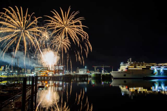 New Brittany Ferry Galicia arriving into Portsmouth from Santander, welcomed with fireworks. Picture: Portsmouth International Port/Paul Gonella/Strong Island Media