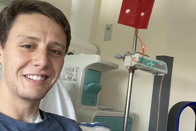 Josh with his first bag of chemo