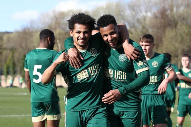 Lys Mousset (R) of Sheffield United celebrates with scorer Iliman Ndiaye during their win over Sheffield Wednesday's under-23's team: Simon Bellis/Sportimage