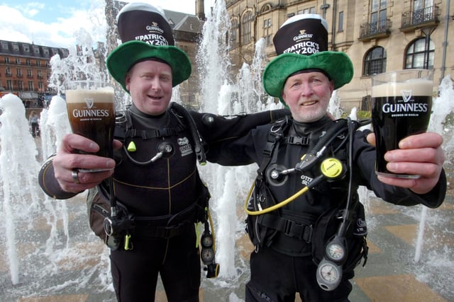 Mark Simmonite(left) and Ian Carter celebrate  St Patrick's Day with pints of Guinness in the Goodwin Fountain in the Peace Gardens in 2009