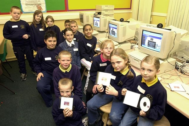 Pupils pictured with their new CD-Rom at Arbourthorne Primary School, March 2003