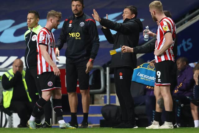 Sheffield United manager Paul Heckingbottom issues some instructions during a break in play at Coventry City: Darren Staples / Sportimage