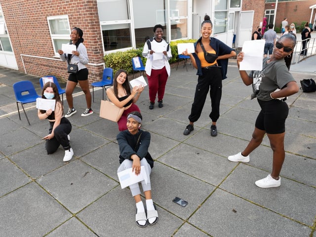 Celebrating success - (L-R, back 5) Tillie Lamb-Symon, Jennifer Muyembe, Eloise Smith, Nicole Makuzua, Laural Parish - (L-R front) Yagin Ibrahim, Demi Lamidi - at Havant and South Downs College. Picture: Duncan Shepherd