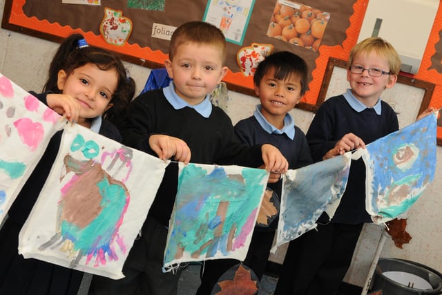 Laygate Community School pupils took part in Art Week 8 years ago. Pictured left to right,were  Sabaa Al-Sayaddi, Owen Wilson, William Joseph, and Sam Swinhoe with their silk paintings.