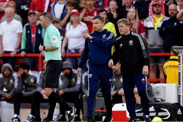 Sheffield United manager Paul Heckingbottom is booked by the referee during the Sky Bet Championship play-off semi-final, second leg match at the City Ground: Mike Egerton/PA Wire.