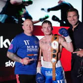 Dalton Smith, the new English super-lightweight champion, with his dad and trainer, Grant (left), and promoter Eddie Hearn.