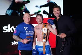 Dalton Smith, the new English super-lightweight champion, with his dad and trainer, Grant (left), and promoter Eddie Hearn.