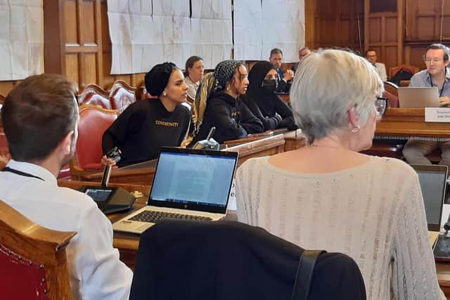 Madeleine, Fatima and Sara questioning Sheffield City Council's response to the Sheffield Race Equality Commission recommendations made just over a year ago. Picture: Julia Armstrong, LDRS