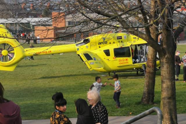 The Yorkshire Air Ambulance landed on Tinsley Green, Sheffield, after what residents say was a serious incident on Bawtry Road, Tinsley