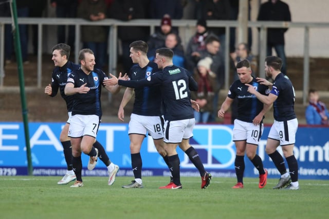 Greig Spence celebrates scoring goal in a League One 2-1 at Gayfield in December 2017.