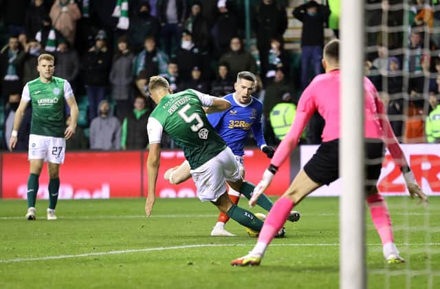 The key moment of the match as Ryan Porteous fouls Ryan Kent for the late penalty which handed Rangers all three points