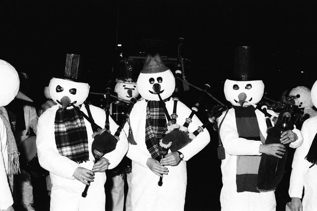 Hawick pipe band at the Hawick Christmas Parade, December 1988.