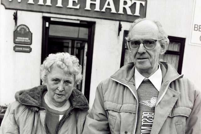 Derrick and Lilly Scarrott outside the White Hart pub, Penistone, which was up for sale in December 1990