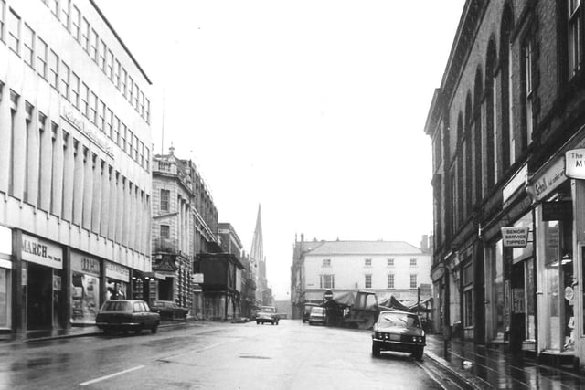 Chesterfield's famous Hudson's music store is visible here, with the market hall on the right.