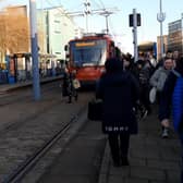 Trams remained suspended on West Street today – but a return could soon be seen. PIcture shows trams havinf to leave the tram at University this morning