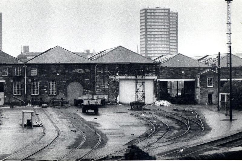 The Monkwearmouth goods sheds behind the station in 1981.