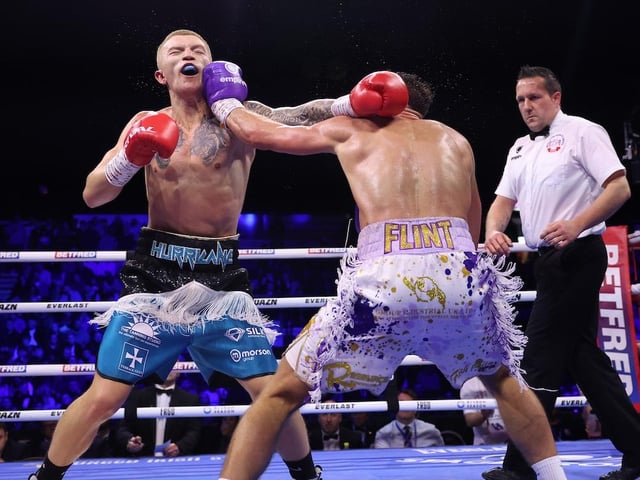 James Flint from Doncaster successfully defended his Central Area super lightweight belt against Manchester's Campbell Hatton in a full-blooded affair. Picture: Mark Robinson/Matchroom Boxing