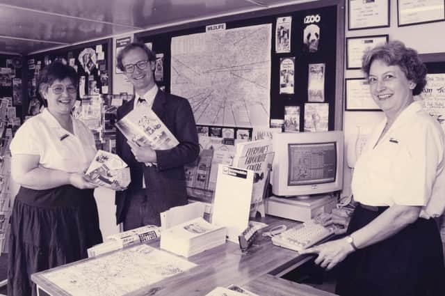 Havant MP David Willetts talking to Linda Newell manager of the Havant Tourist Information Office  (left) and Elizabeth Aitchison, 1993. The News PP4525