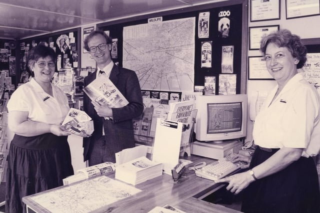 Havant MP David Willetts talking to Linda Newell manager of the Havant Tourist Information Office  (left) and Elizabeth Aitchison, 1993. The News PP4525