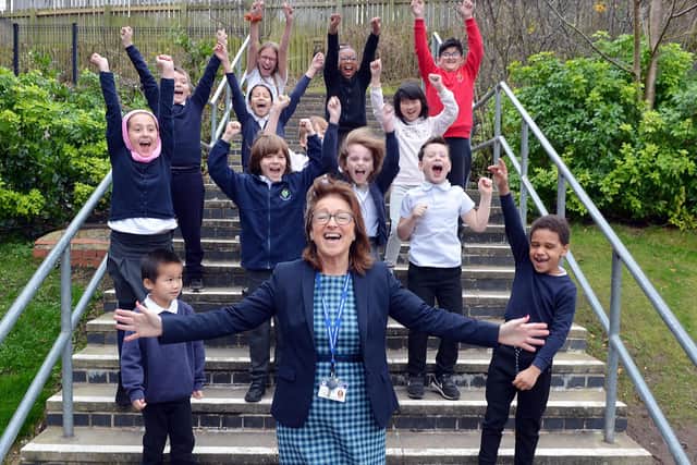 Celebrations for Anns Grove primary school as it was listed 247th in the 'Top 250 state Primary Schools in England' list in The Sunday Times. Pictured is headteacher Sam Fearnehough with pupils