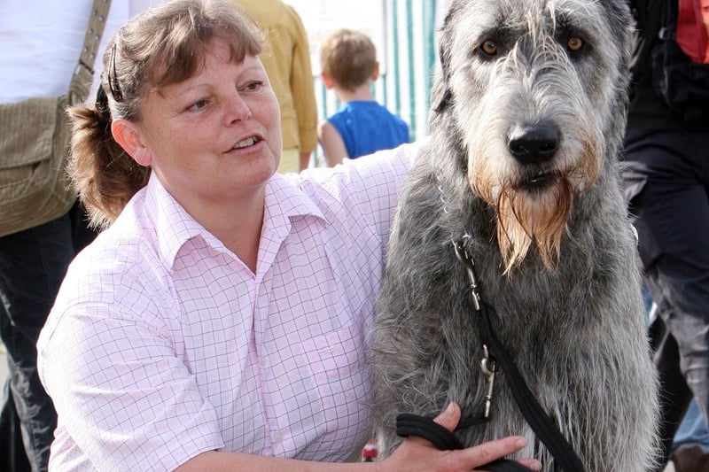 Anne Edgar of Brackenfield with her two-year-old Irish wolfhound, Bat, at Bakewell Show in 2007.