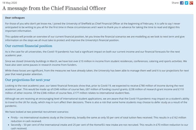 The message sent by Jo Jones, Chief Financial Officer at The University of Sheffield