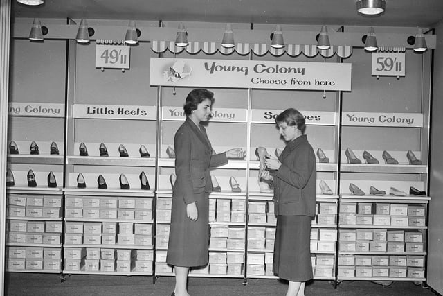 Staff at the Saxone shoe shop, on North Bridge, in August 1958.