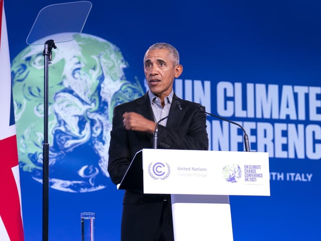 Former US president Barack Obama gives a speech during the Cop26 summit at the Scottish Event Campus (SEC) in Glasgow. Picture date: Monday November 8, 2021.